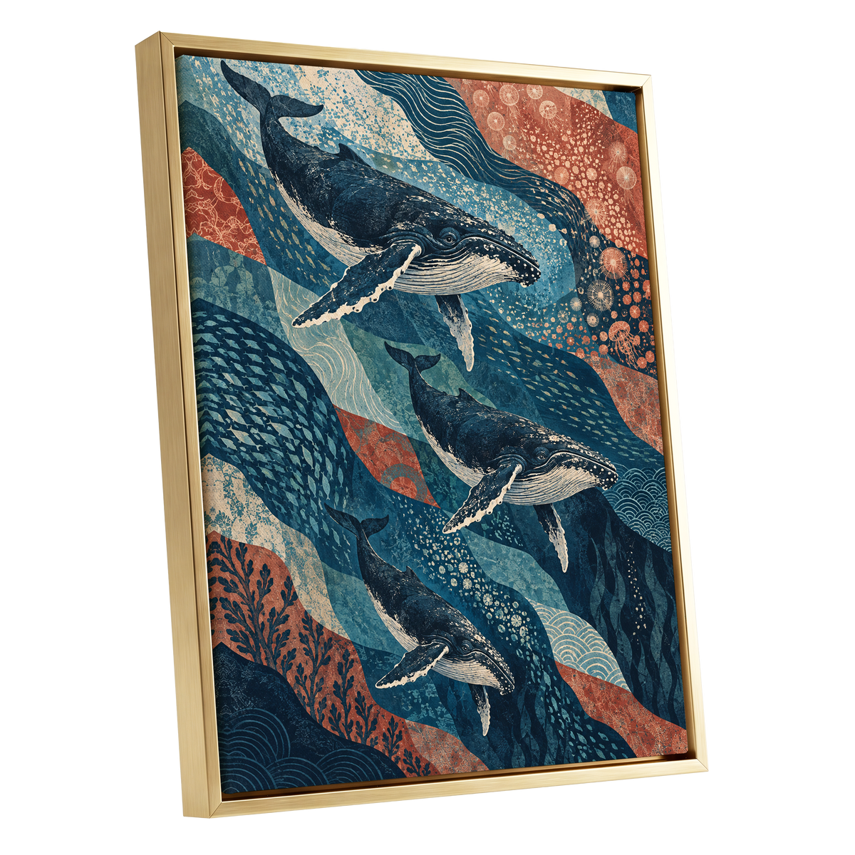 Whale Tide Symphony, blue, beige, orange nature wall art shown as a gold framed canvas wall art