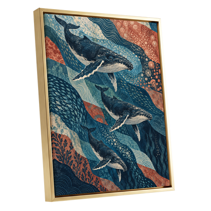 Whale Tide Symphony, blue, beige, orange nature wall art shown as a gold framed canvas wall art