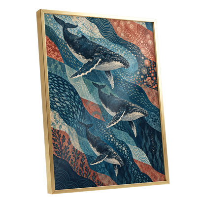 Whale Tide Symphony, blue, beige, orange nature wall art shown as a gold framed poster wall art print