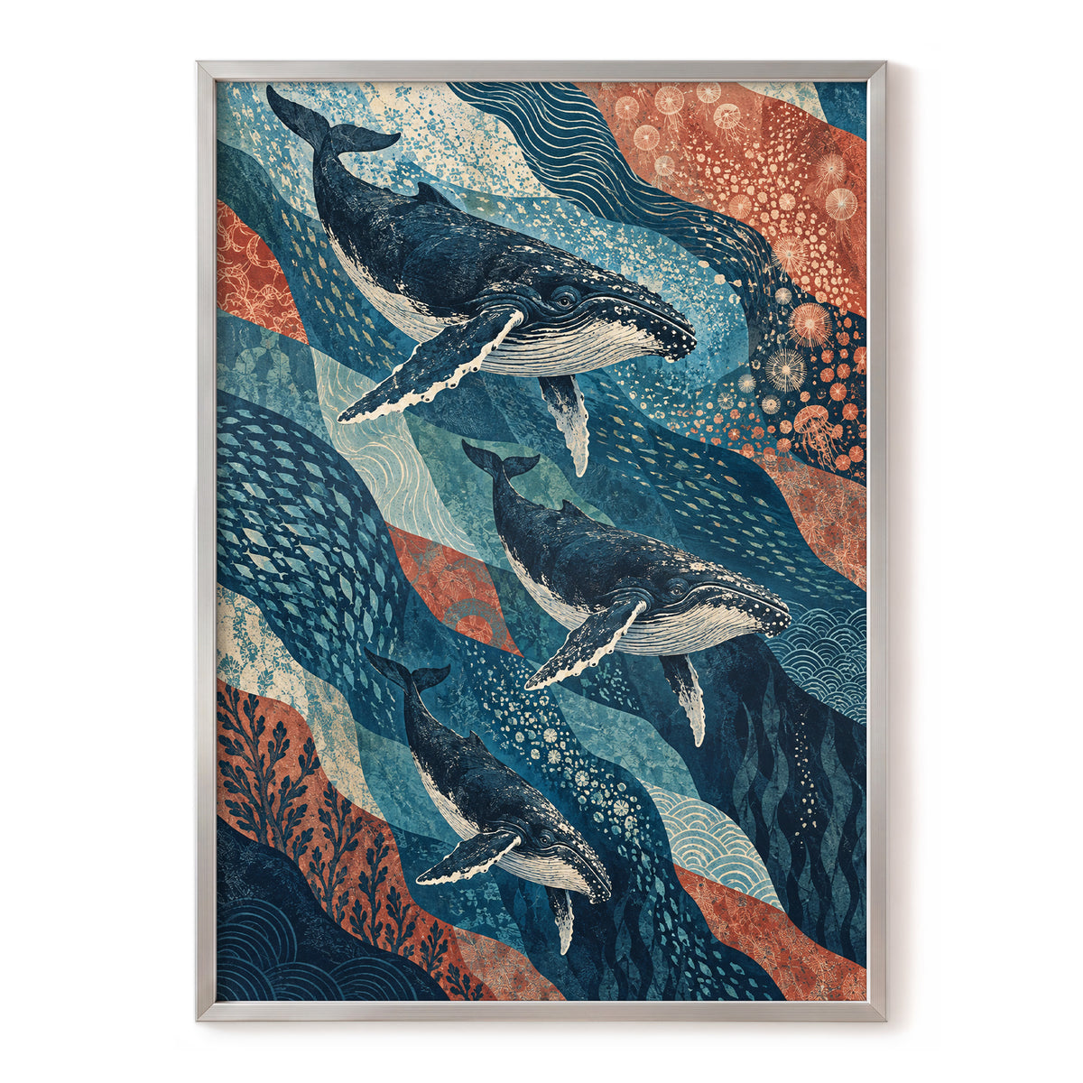 Whale Tide Symphony, blue, beige, orange nature wall art, front artwork view