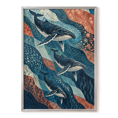 Whale Tide Symphony, blue, beige, orange nature wall art, front artwork view