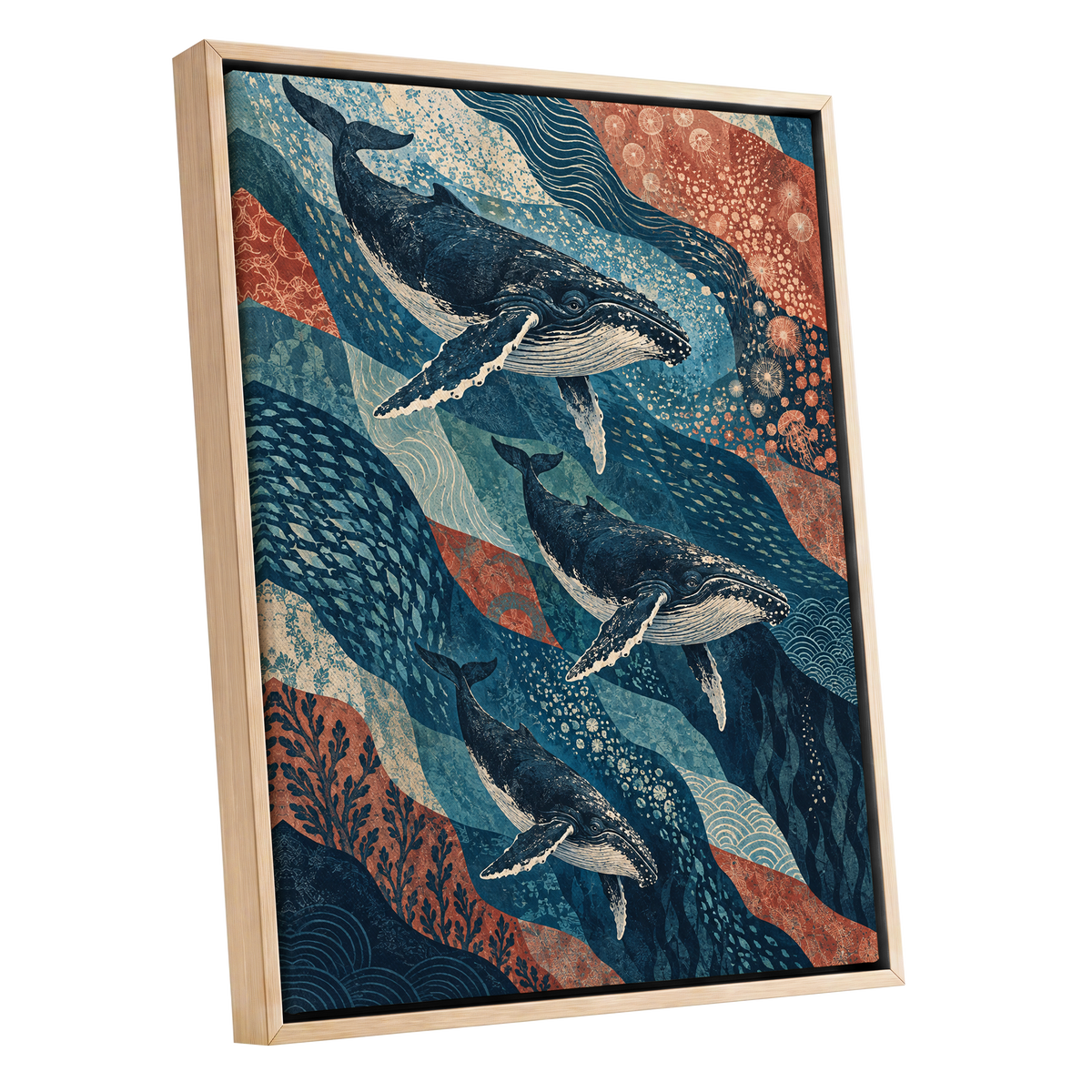 Whale Tide Symphony, blue, beige, orange nature wall art shown as a oak framed canvas wall art