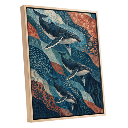 Whale Tide Symphony, blue, beige, orange nature wall art shown as a oak framed canvas wall art