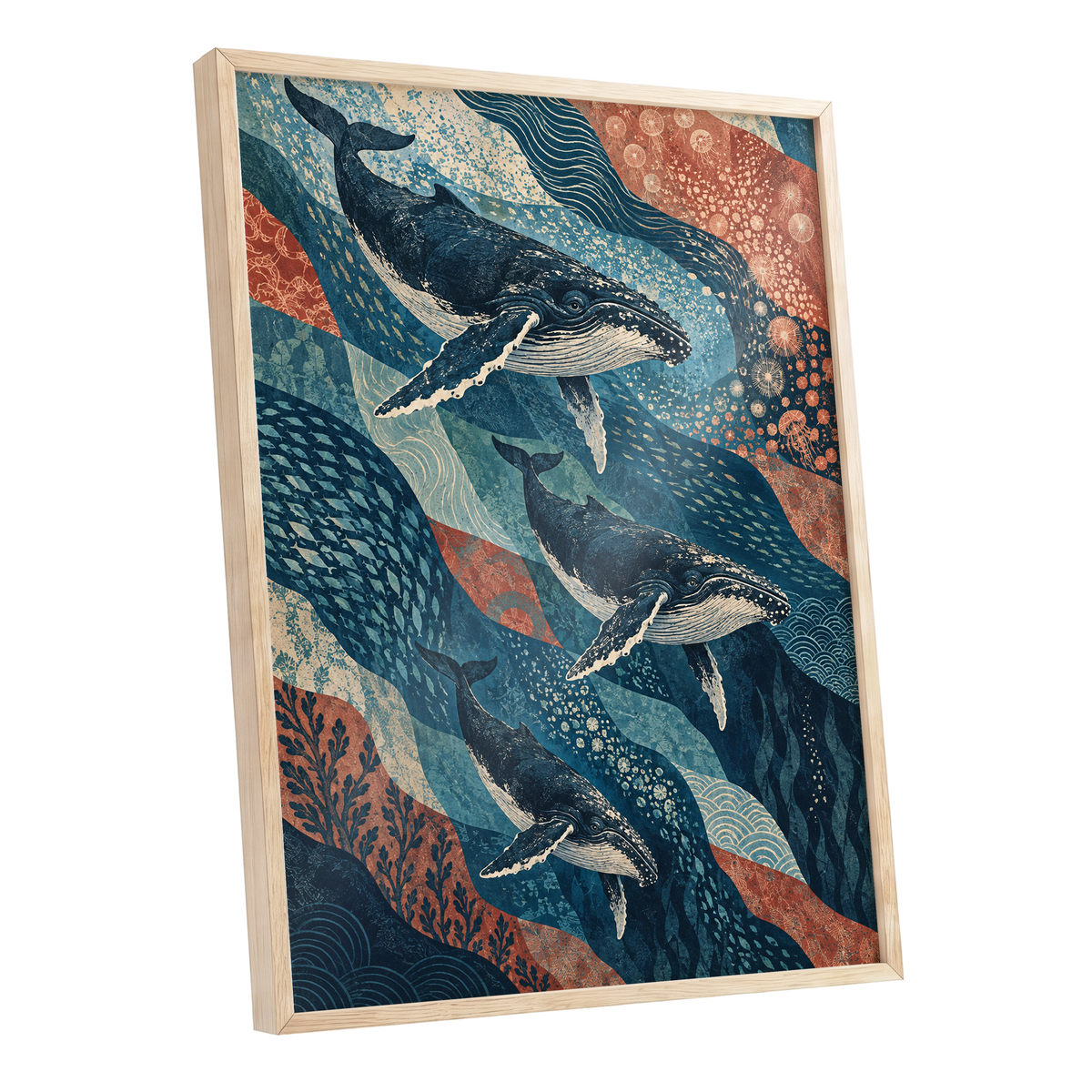 Whale Tide Symphony, blue, beige, orange nature wall art shown as a oak framed poster wall art print