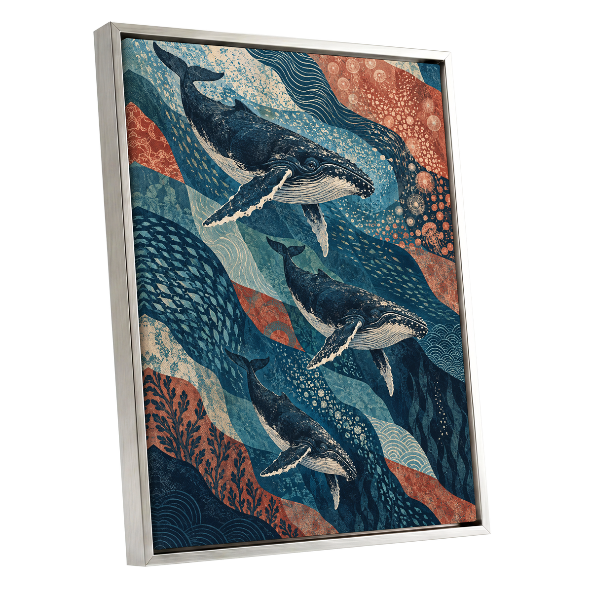 Whale Tide Symphony, blue, beige, orange nature wall art shown as a silver framed canvas wall art
