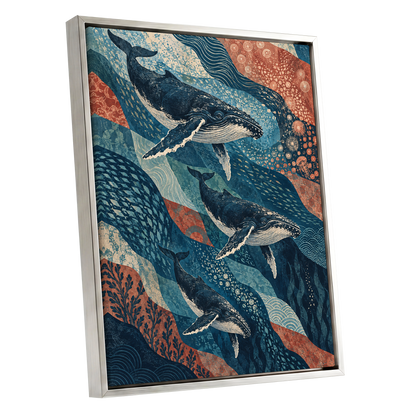 Whale Tide Symphony, blue, beige, orange nature wall art shown as a silver framed canvas wall art