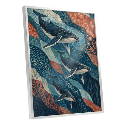 Whale Tide Symphony, blue, beige, orange nature wall art shown as a silver framed poster wall art print