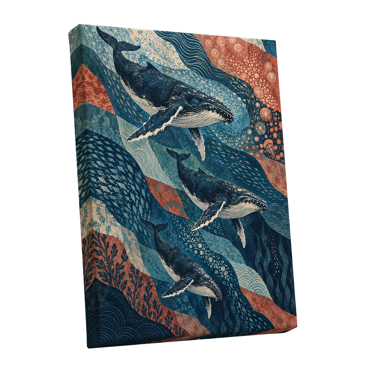 Whale Tide Symphony, blue, beige, orange nature wall art shown as a stretched canvas wall art