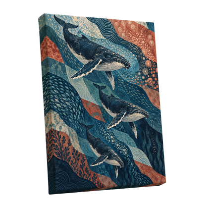 Whale Tide Symphony, blue, beige, orange nature wall art shown as a stretched canvas wall art