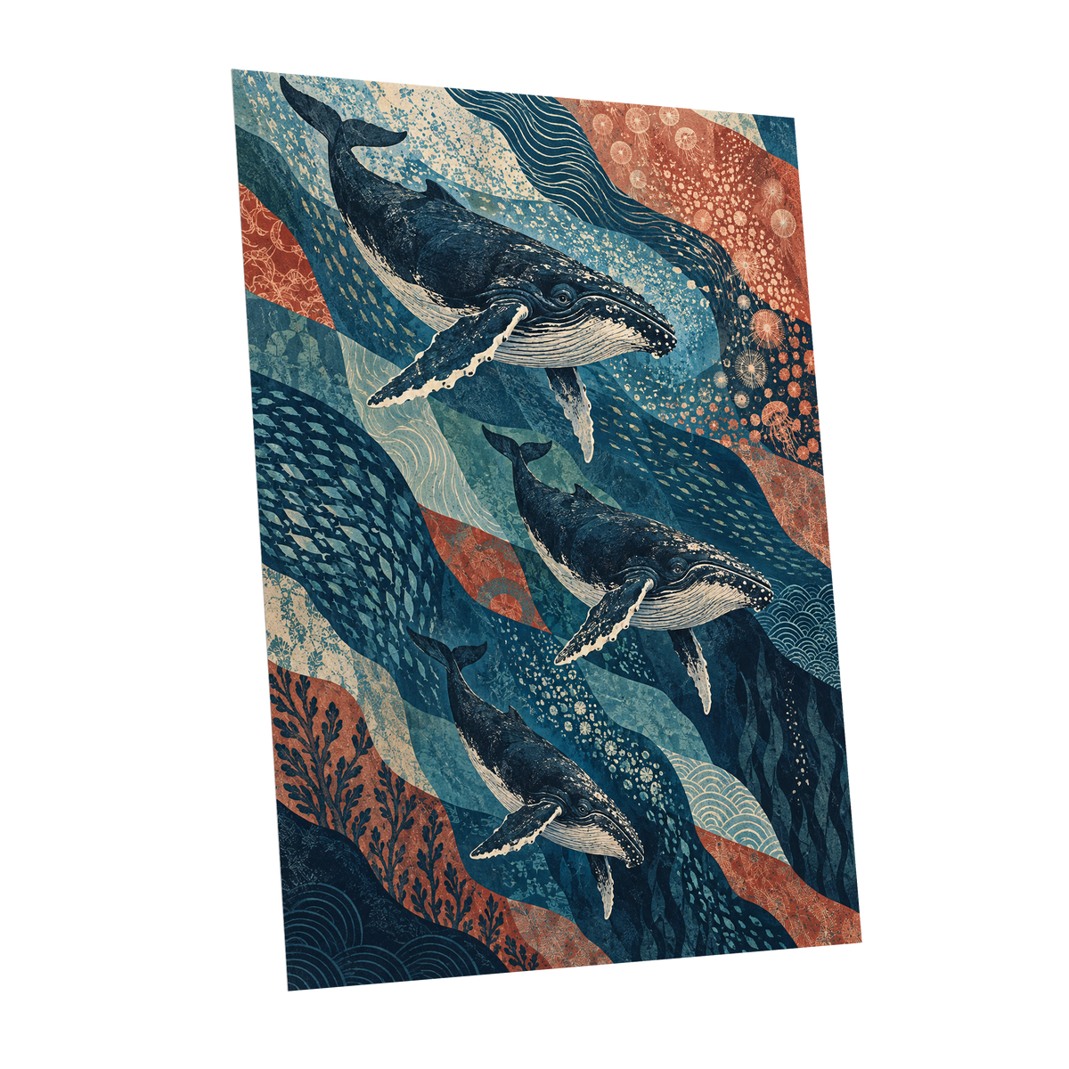 Whale Tide Symphony, blue, beige, orange nature wall art shown as a unframed poster wall art print