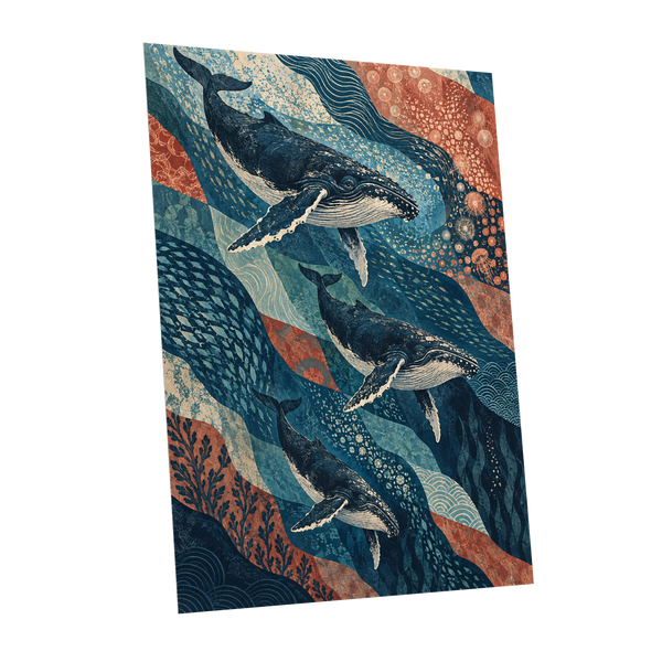 Whale Tide Symphony, blue, beige, orange nature wall art shown as a unframed poster wall art print