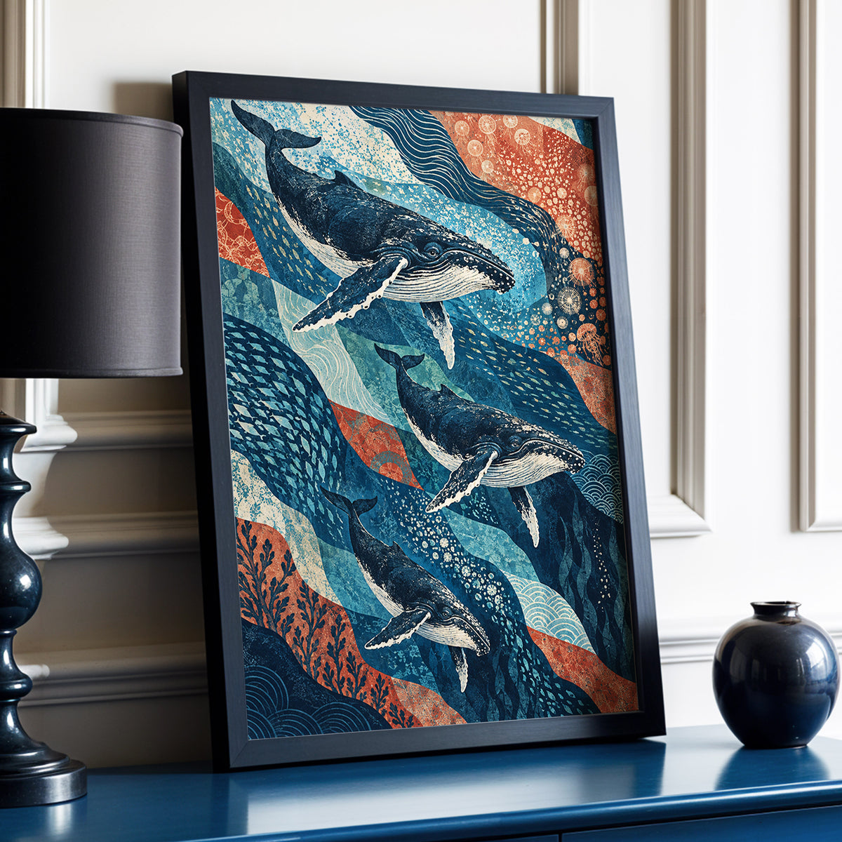 Whale Tide Symphony, blue, beige, orange nature wall art displayed in a styled interior, gallery view 2