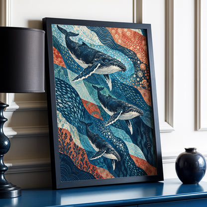 Whale Tide Symphony, blue, beige, orange nature wall art displayed in a styled interior, gallery view 2