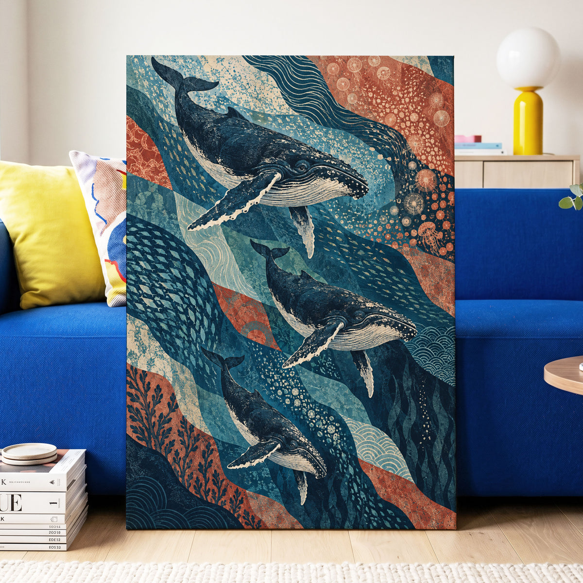 Whale Tide Symphony, blue, beige, orange nature wall art displayed in a styled interior, gallery view 3