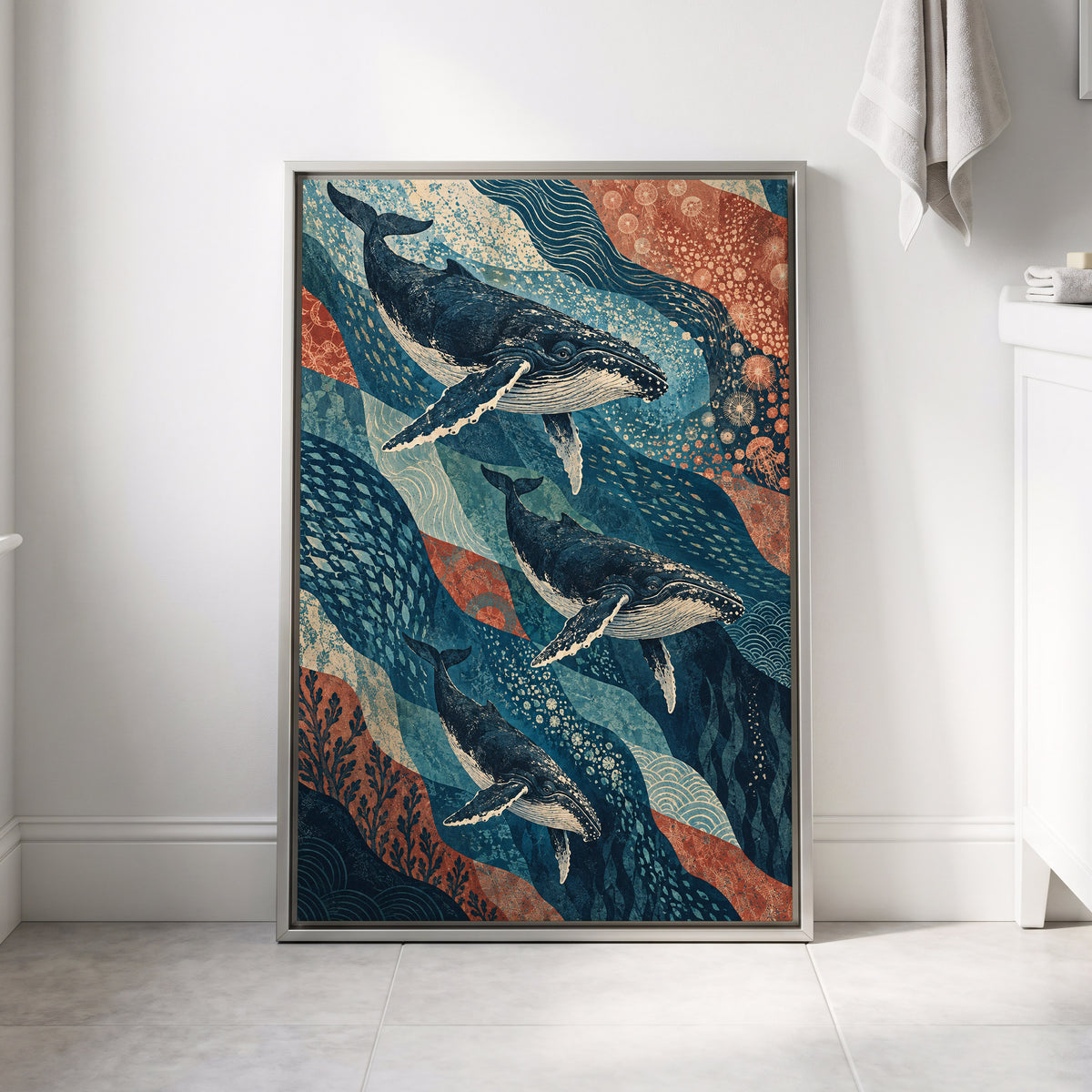 Whale Tide Symphony, blue, beige, orange nature wall art displayed in a styled interior, gallery view 4