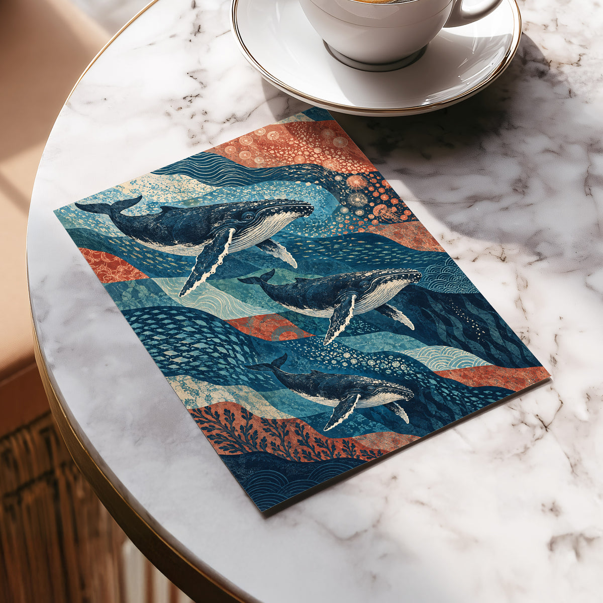 Whale Tide Symphony, blue, beige, orange nature wall art displayed in a styled interior, gallery view 5