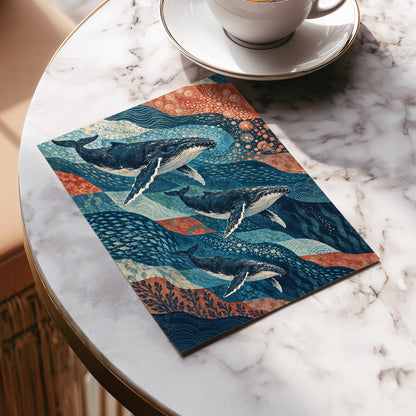Whale Tide Symphony, blue, beige, orange nature wall art displayed in a styled interior, gallery view 5