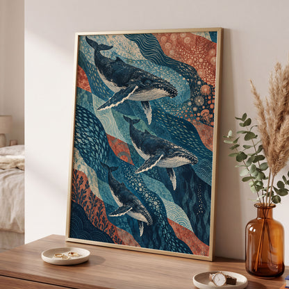 Whale Tide Symphony, blue, beige, orange nature wall art displayed in a styled interior, gallery view 6