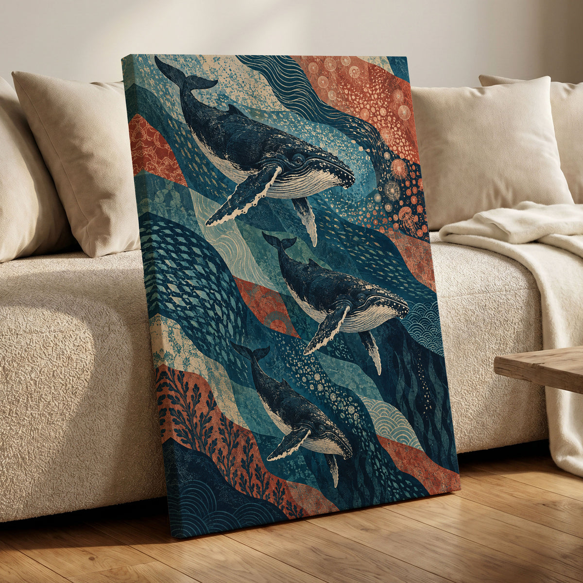 Whale Tide Symphony, blue, beige, orange nature wall art displayed in a styled interior, gallery view 7