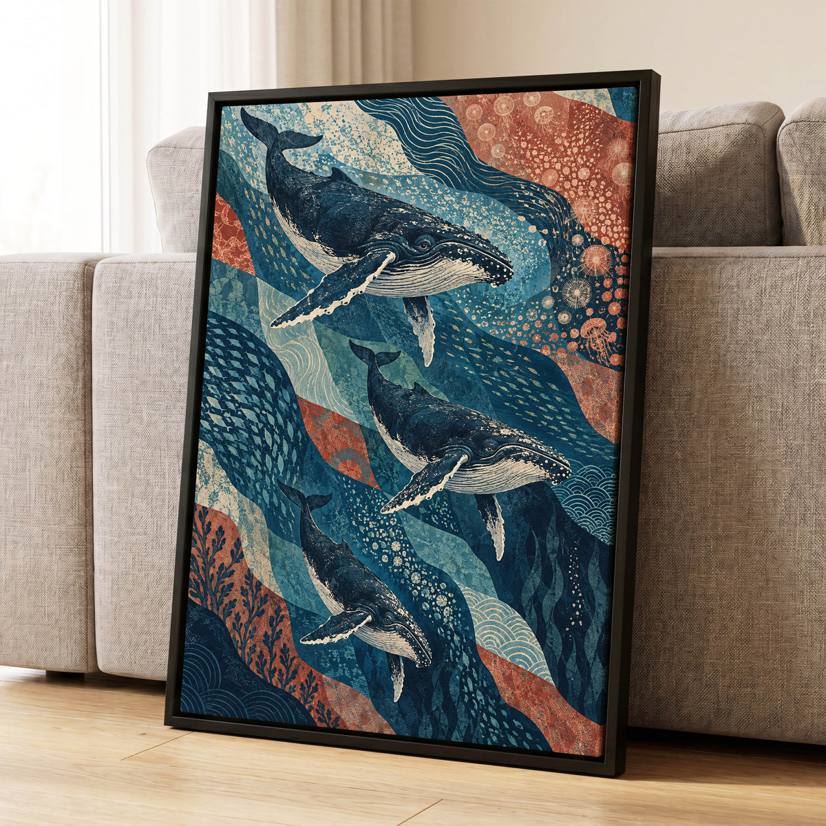 Whale Tide Symphony, blue, beige, orange nature wall art displayed in a styled interior, gallery view 8