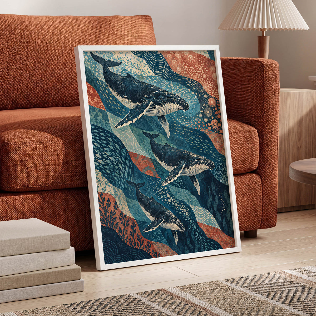 Whale Tide Symphony, blue, beige, orange nature wall art displayed in a styled interior, gallery view 9