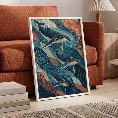 Whale Tide Symphony, blue, beige, orange nature wall art displayed in a styled interior, gallery view 9