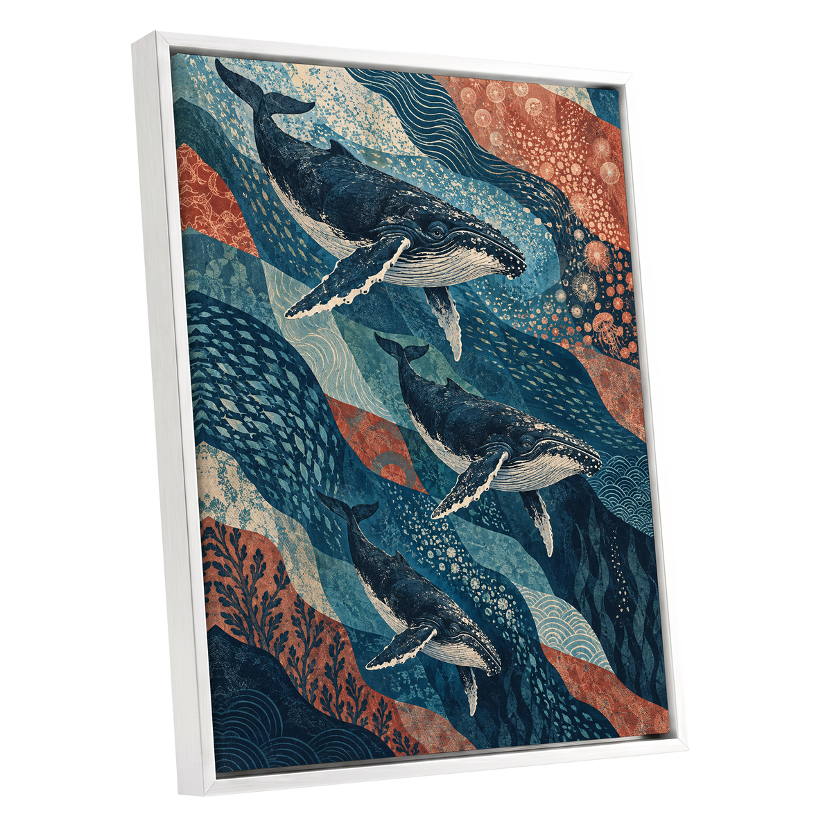 Whale Tide Symphony, blue, beige, orange nature wall art shown as a white framed canvas wall art
