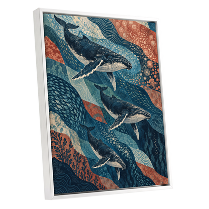 Whale Tide Symphony, blue, beige, orange nature wall art shown as a white framed canvas wall art