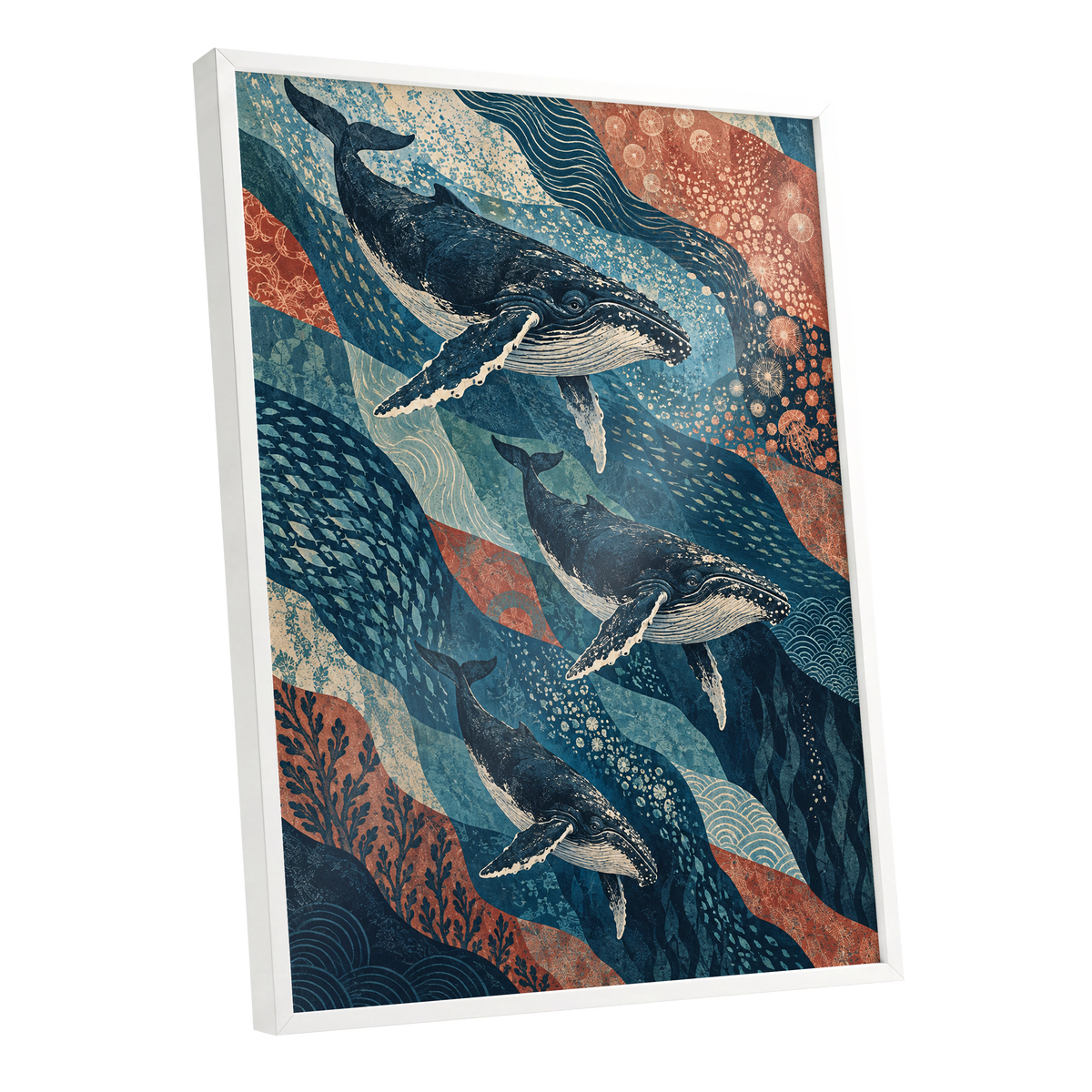 Whale Tide Symphony, blue, beige, orange nature wall art shown as a white framed poster wall art print