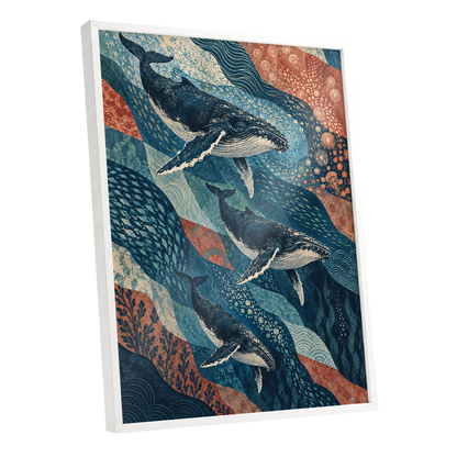 Whale Tide Symphony, blue, beige, orange nature wall art shown as a white framed poster wall art print