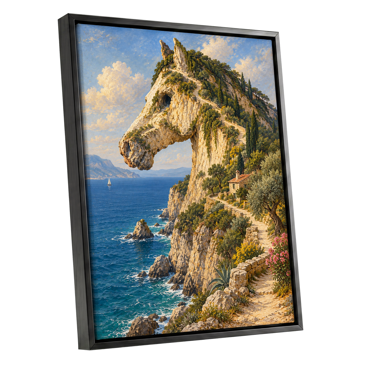 Where Cliffs Become Horses, blue, beige, green nature wall art shown as a black framed canvas wall art