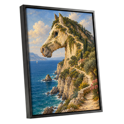 Where Cliffs Become Horses, blue, beige, green nature wall art shown as a black framed canvas wall art