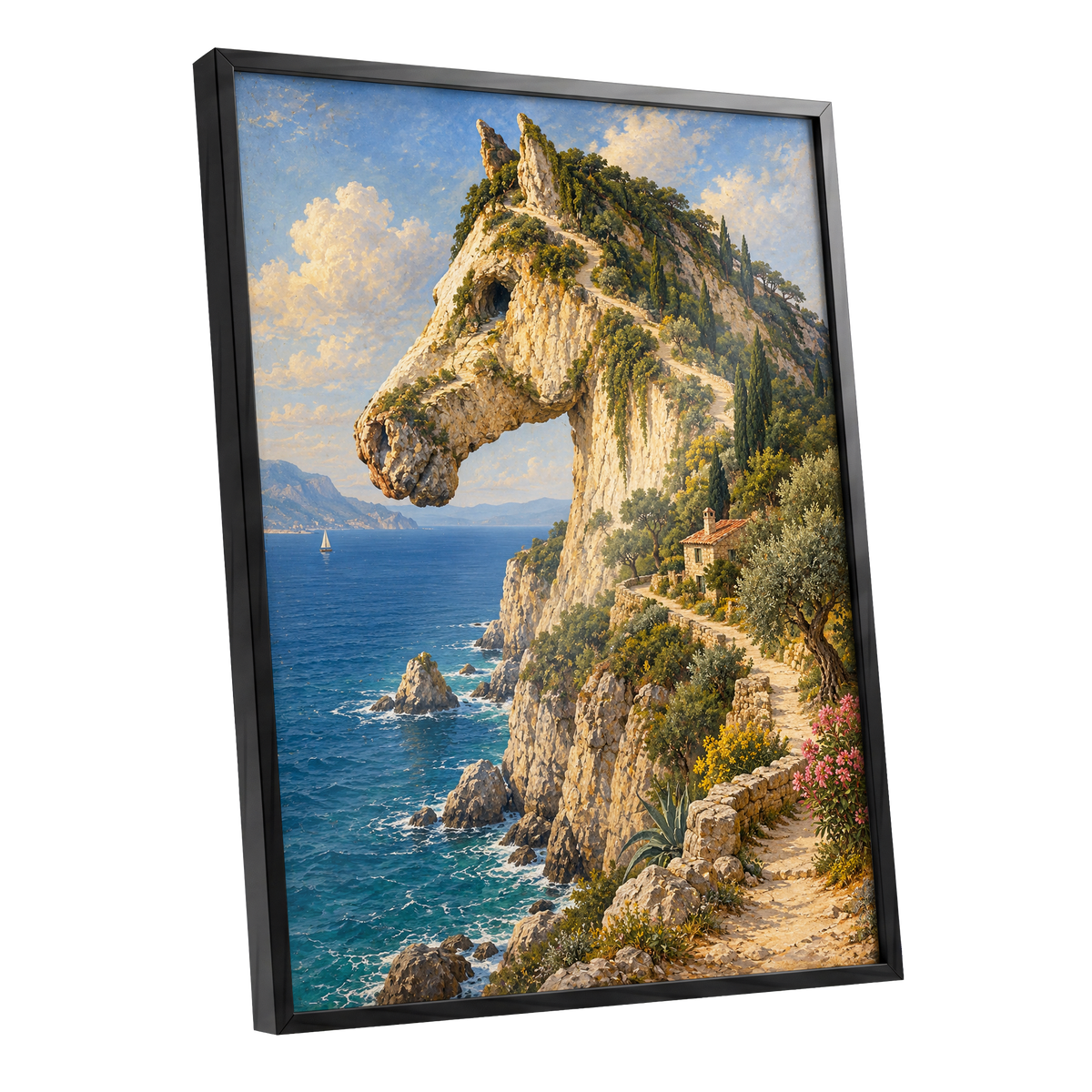 Where Cliffs Become Horses, blue, beige, green nature wall art shown as a black framed poster wall art print