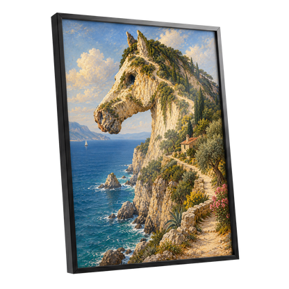 Where Cliffs Become Horses, blue, beige, green nature wall art shown as a black framed poster wall art print