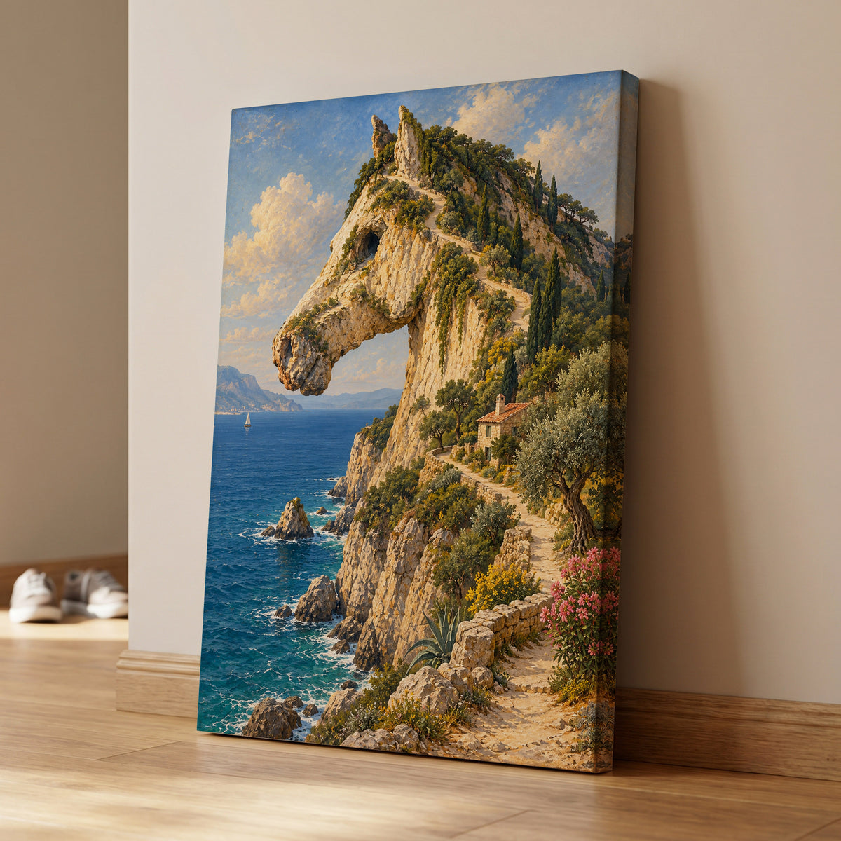 Where Cliffs Become Horses, blue, beige, green nature wall art on canvas displayed in a styled interior, gallery view 1