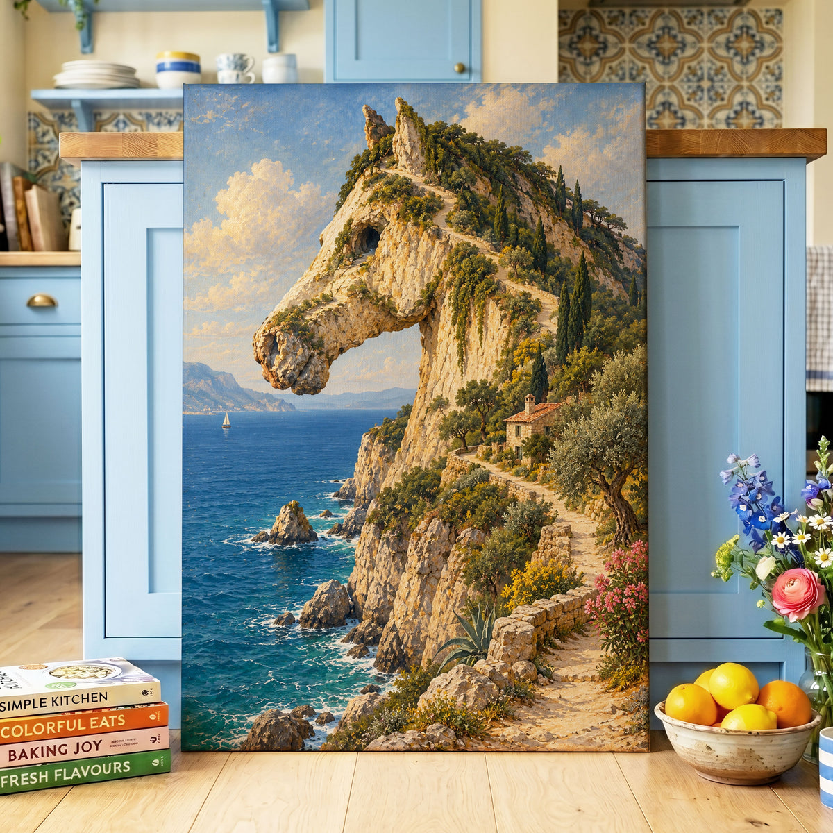 Where Cliffs Become Horses, blue, beige, green nature wall art on canvas displayed in a styled interior, gallery view 2