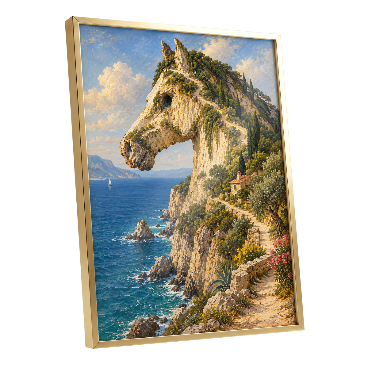 Where Cliffs Become Horses, blue, beige, green nature wall art shown as a gold framed poster wall art print