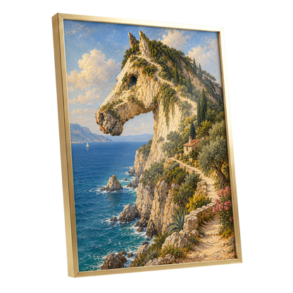 Where Cliffs Become Horses, blue, beige, green nature wall art shown as a gold framed poster wall art print