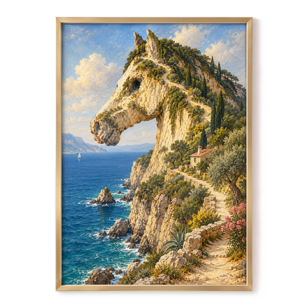 Where Cliffs Become Horses, blue, beige, green nature wall art, front artwork view