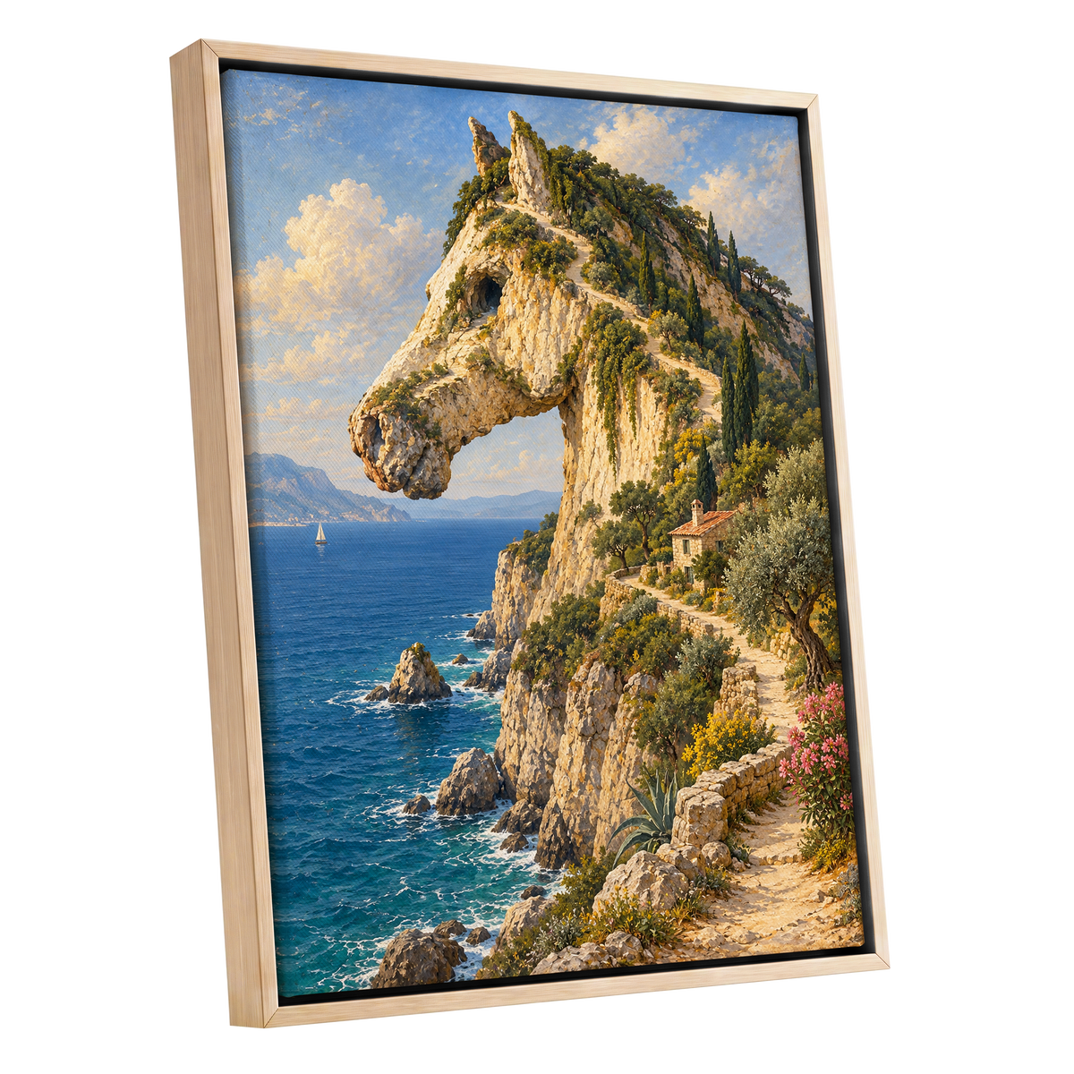 Where Cliffs Become Horses, blue, beige, green nature wall art shown as a oak framed canvas wall art