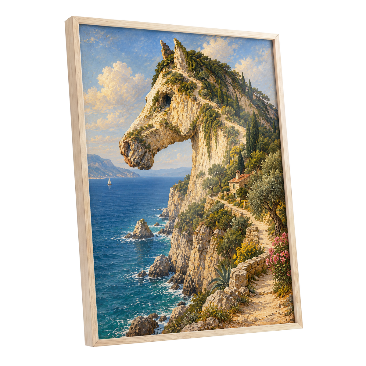 Where Cliffs Become Horses, blue, beige, green nature wall art shown as a oak framed poster wall art print