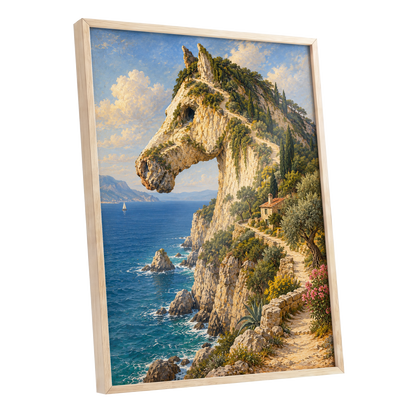 Where Cliffs Become Horses, blue, beige, green nature wall art shown as a oak framed poster wall art print