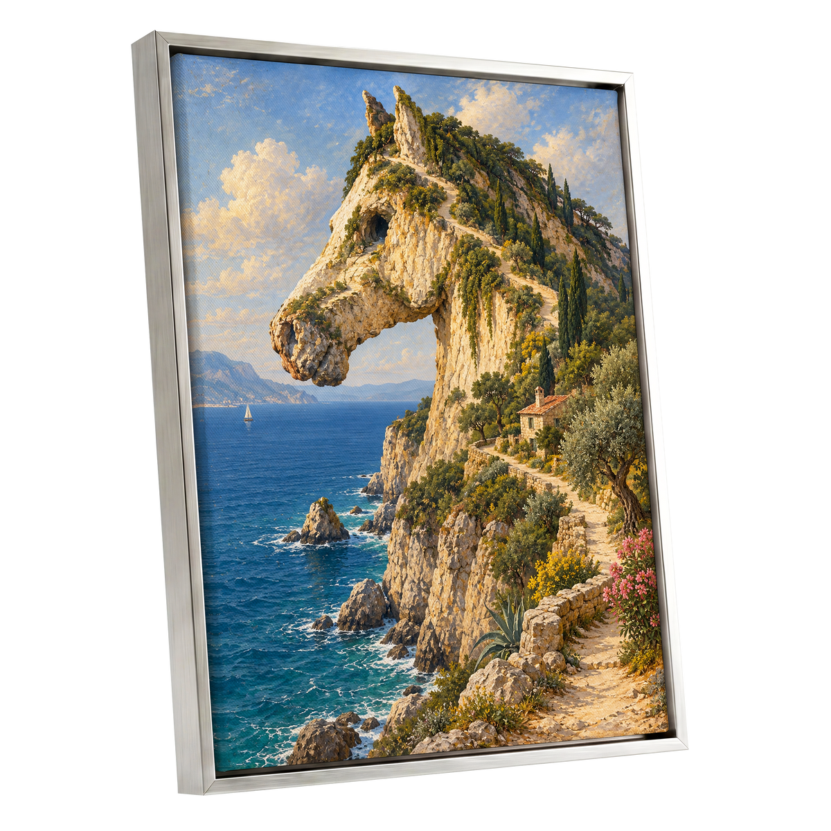 Where Cliffs Become Horses, blue, beige, green nature wall art shown as a silver framed canvas wall art