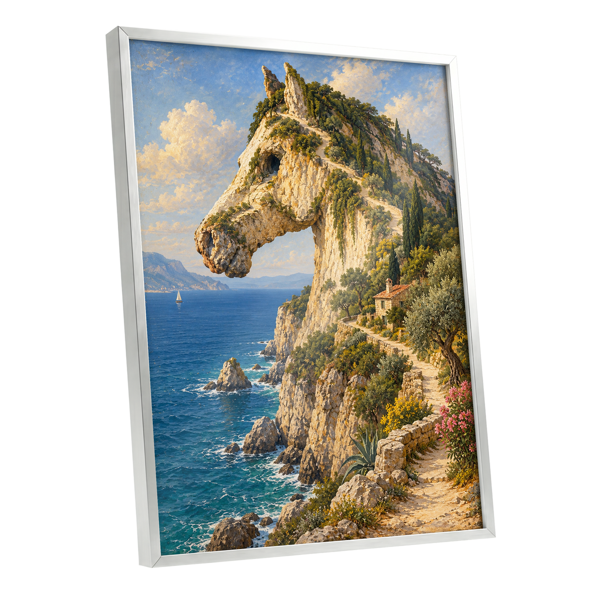 Where Cliffs Become Horses, blue, beige, green nature wall art shown as a silver framed poster wall art print