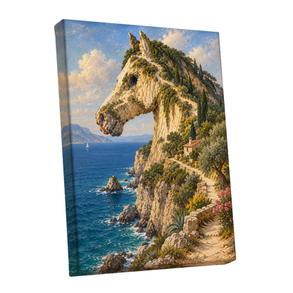Where Cliffs Become Horses, blue, beige, green nature wall art shown as a stretched canvas wall art