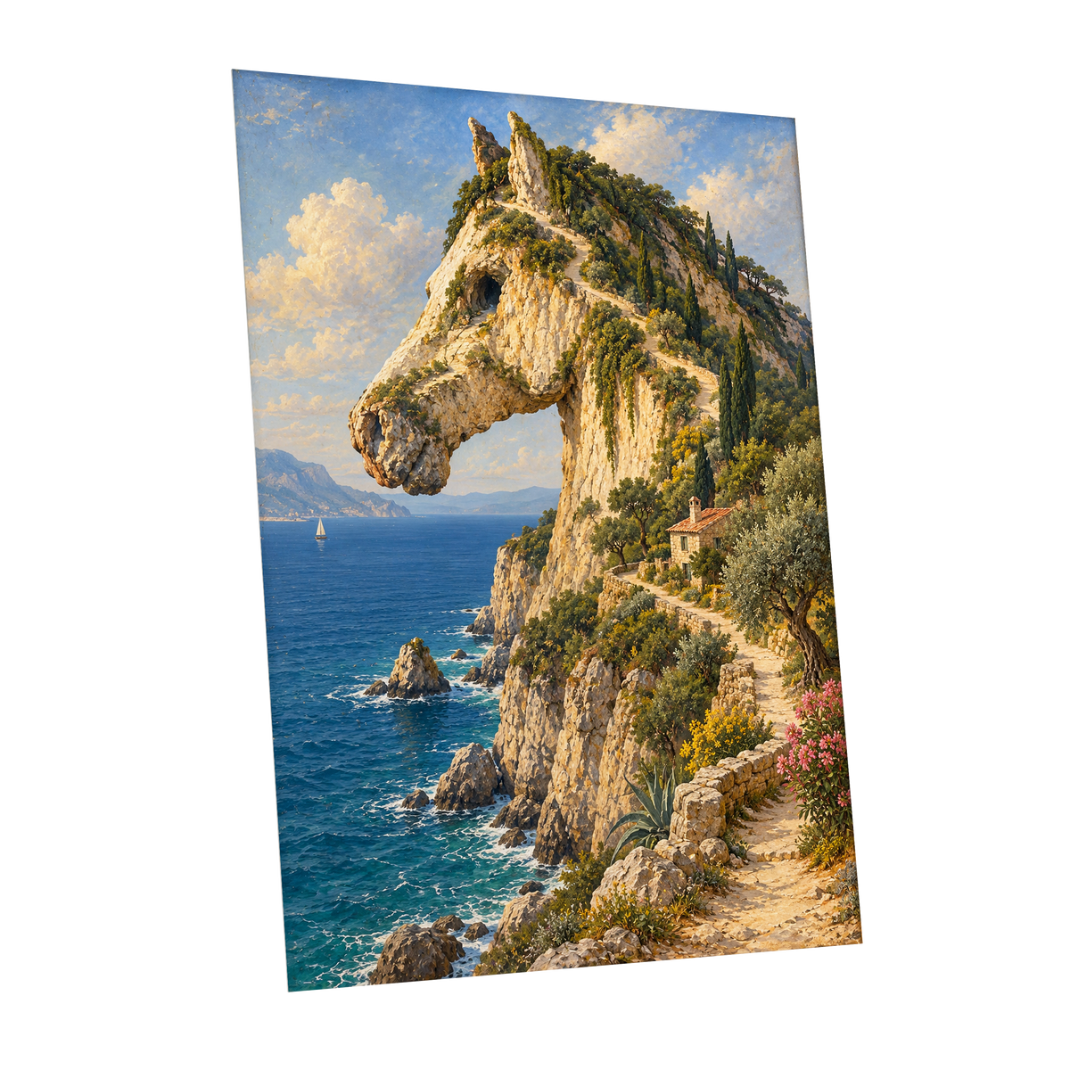 Where Cliffs Become Horses, blue, beige, green nature wall art shown as a unframed poster wall art print