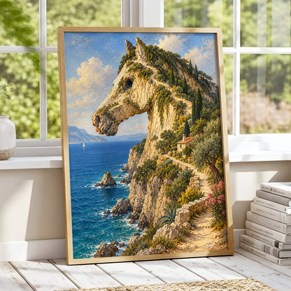 Where Cliffs Become Horses, blue, beige, green nature wall art displayed in a styled interior, gallery view 1