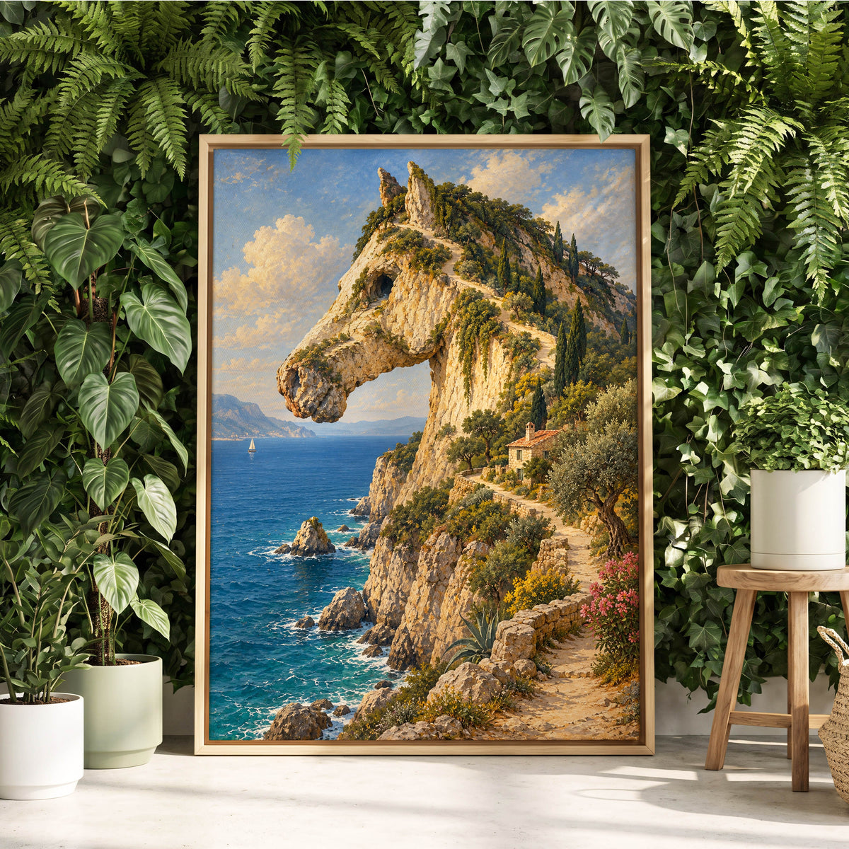 Where Cliffs Become Horses, blue, beige, green nature wall art displayed in a styled interior, gallery view 2