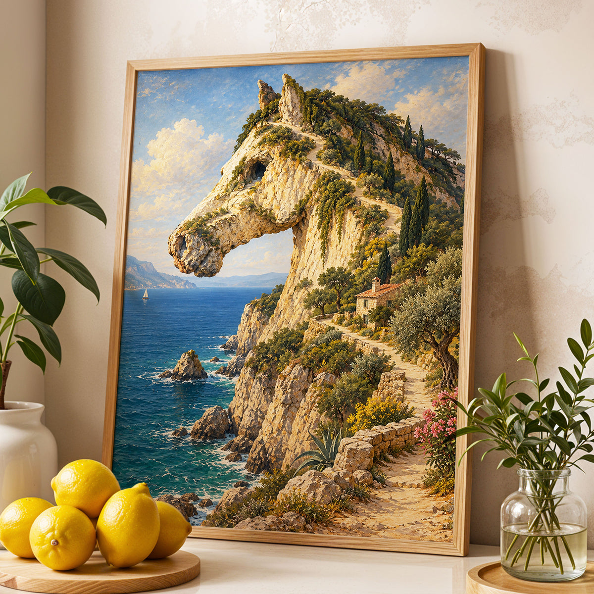 Where Cliffs Become Horses, blue, beige, green nature wall art displayed in a styled interior, gallery view 3