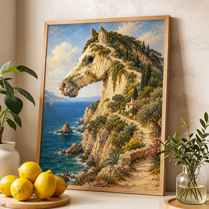 Where Cliffs Become Horses, blue, beige, green nature wall art displayed in a styled interior, gallery view 3